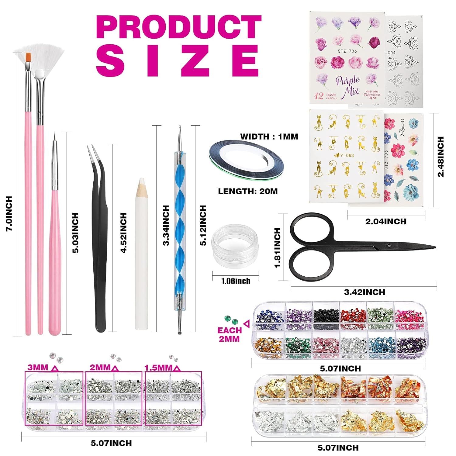 FANDAMEI 54 Blätter Wassertransfer Nagelsticker & Nail Art Pinsel Set, Dotted Pennen, Blattgold voor Nagelkunst, Streifenband, Strasssteine, Werkzeug en Decoratieset voor Nagelkunst Maniküre Set