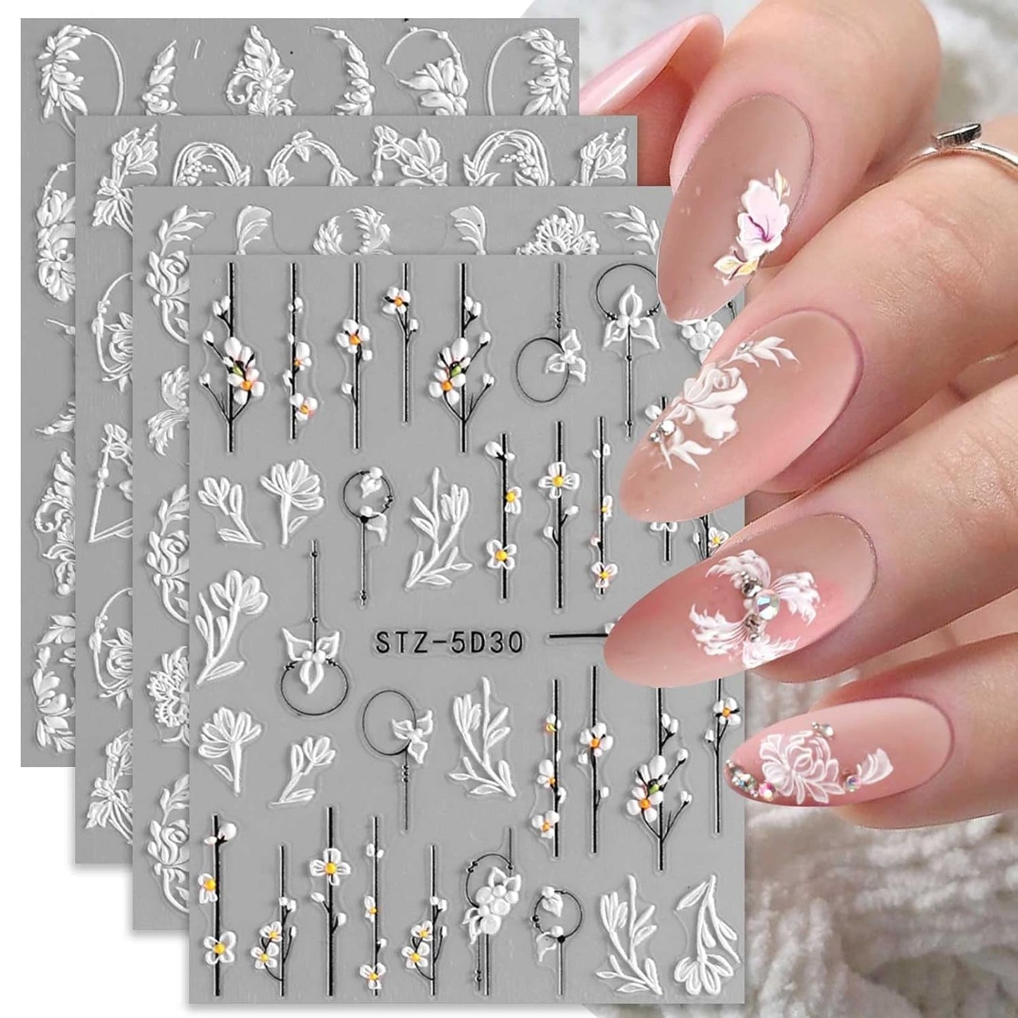 4 Blatt 3D Nagelsticker Frühling Blume Nagelaufkleber 5D Stereoskopisch Selbstklebend Nail Art Sticker Decoratie Nageldesign Zubehör