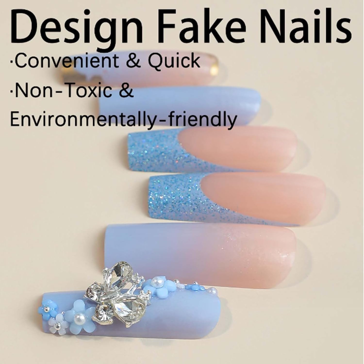 24 stuks vlinderblauwe kunstnagels vierkante druk op Franse lange glitter sprankelende strass valse nageltips