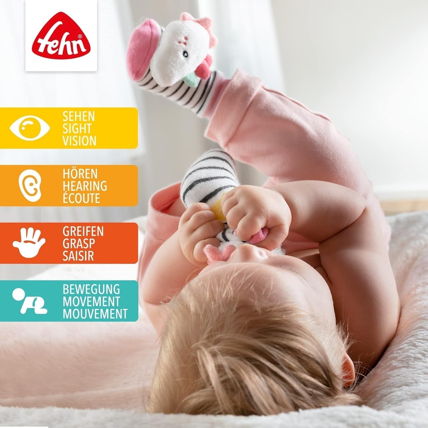 Fehn speelhandschoen safari - aap en olifant babyvingerpoppetjes & eenhoorn babybelsokjes - babysokjes met belfunctie en eenhoornkop - stimuleren motoriek en zintuigen Bebe Toys Naty Shop