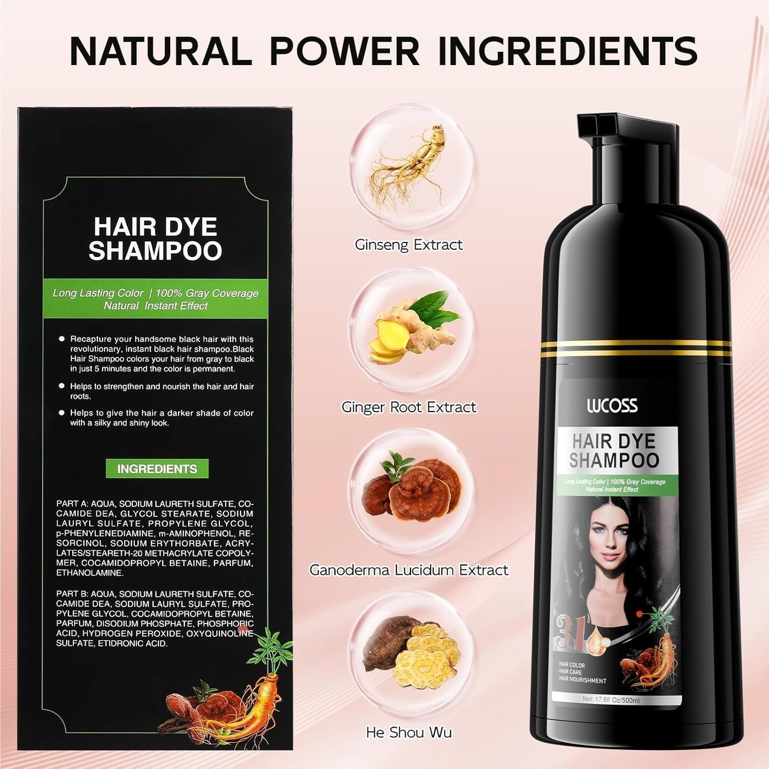 Instant Zwart Haar Shampoo, Natuurlijke Haarverf Shampoo, 100% Grijsdekking - Gemakkelijk en Snel, Semi Permanente Kleur voor Zwart Haar, Haarverf Shampoo voor Mannen en Vrouwen Haarverf Naty Shop