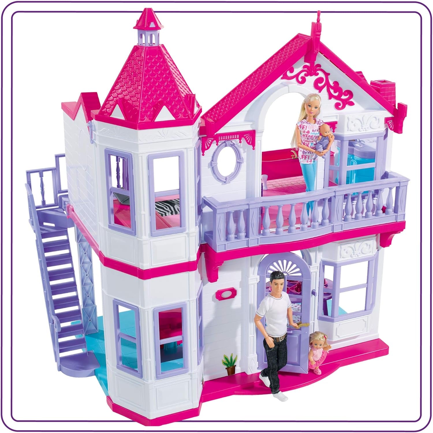 Simba 104661996 - Steffi Love Dreamhouse, groot speelhuis, 4 kamers, GEEN POPPEN, 84 cm hoog, twee niveaus, functionele bel, inklapbare Naty Shop poppenhuizen