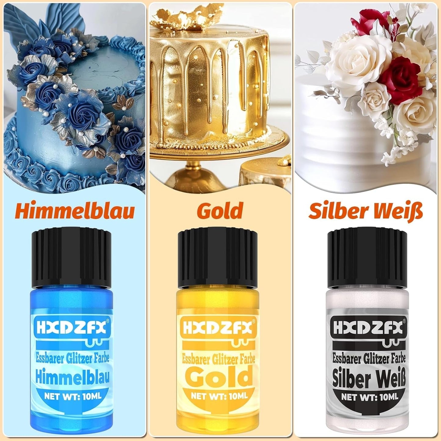 Essbarer Glitzer - 3 Torten Kuchen Deko Essbare, Metallic Lebensmittelfarbe Flüssiges, Eetbare Glitter Voor Muffin, Cocktail, Marshmallows - 10Ml Naty Shop