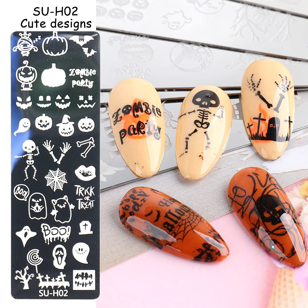 JMEOWIO Nagelstempelsjablonen Halloween 6 Stück Nagelstempelsjablonen Nail Art Decoratie Nageldesign Zubehör Böse Gruselige Kürbis-Geisterhexe
