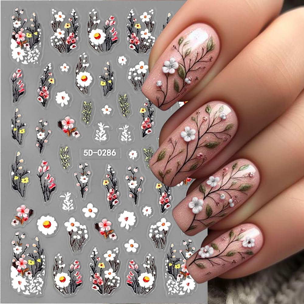 Pruimenbloem Nagelstickers, Wit Roze Bloem Nagelstickers, Bloemnagelstickers met Reliëf, Lente Zomer Bloemnagelstickers, Nagelontwerpen, Nagelaccessoires, Nagelkunst