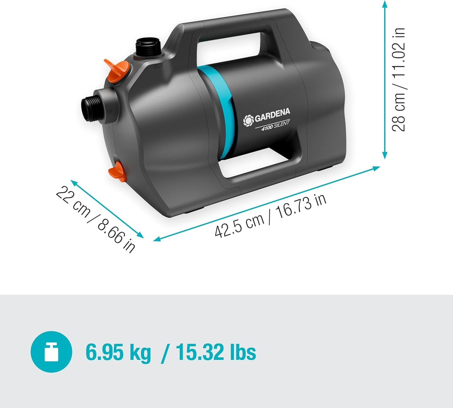 Gardena 4100 Silent tuinpompset: zeer stille en innovatieve irrigatiepomp met 3,5 m zuigaansluiting en 20 m klassieke slang, 4100 l/u stroom, 550 W motor, waterdicht, zuinig (9051-20)