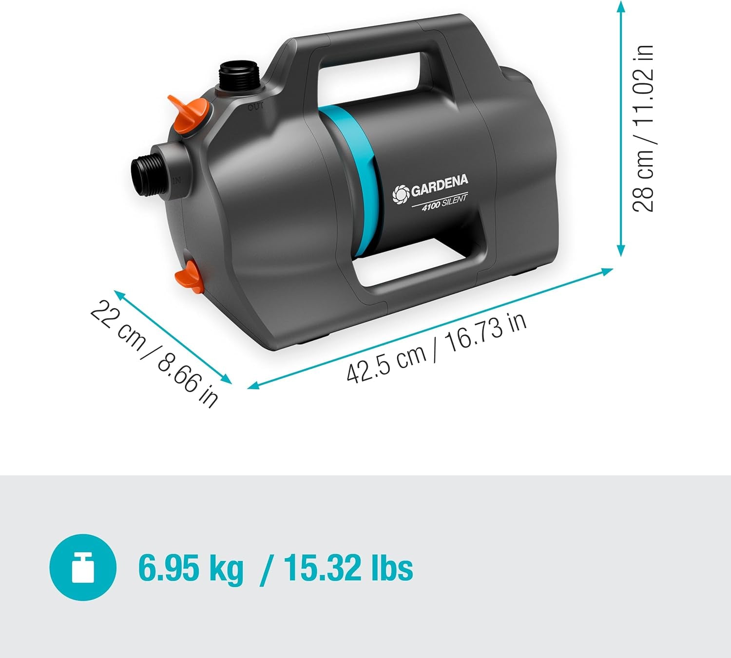 Gardena 4100 Silent tuinpompset: zeer stille en innovatieve irrigatiepomp met 3,5 m zuigaansluiting en 20 m klassieke slang, 4100 l/u stroom, 550 W motor, waterdicht, zuinig (9051-20)