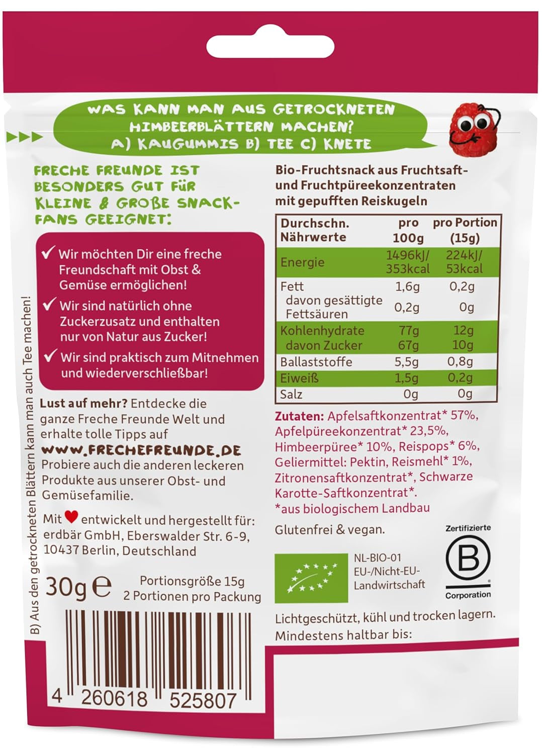 FRECHE FREUNDE Biologische fruitgelei, appel-, frambozen- en rijstlolly's, fruitige zoete snack voor kinderen, glutenvrij, veganistisch, verpakking van 20 (20 x 30 g)