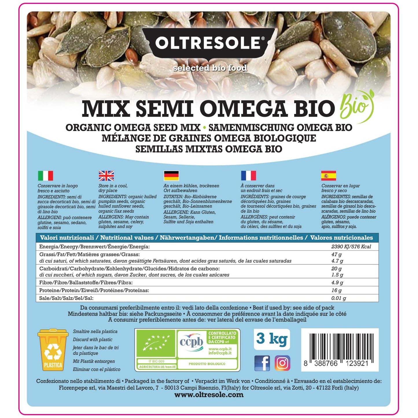 Biologische Omega Zadenmix 3 kg (mengsel van pompoen-, zonnebloem- en lijnzaad), een mix van 3 hele rauwe oliezaden, rijk aan eiwitten, vezels en omega-3-vetzuren