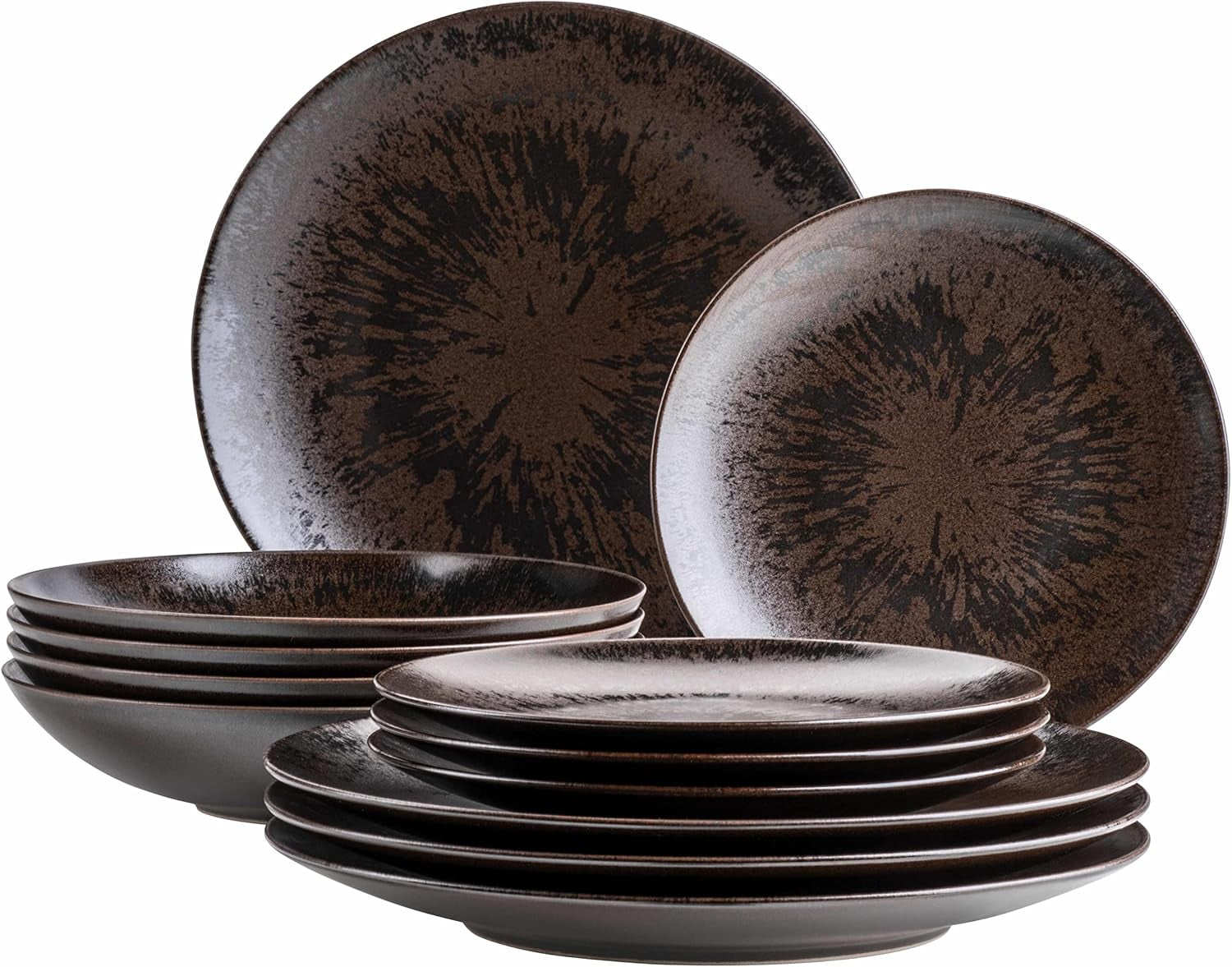 MÄSER brons metallic 12-delig servies voor 4 personen met elegant en glanzend glazuur dinerbordenset met dinerbord, dinerbord en dessertbord van hoogwaardig keramiek, steengoed, bruin