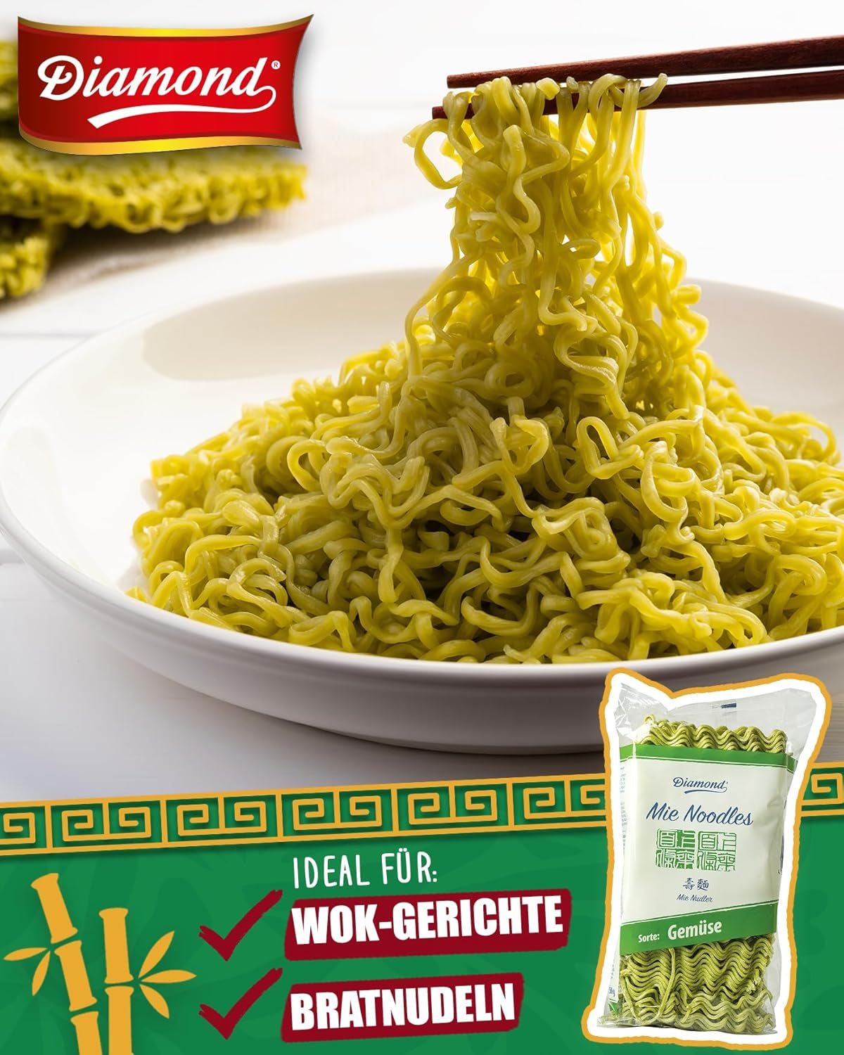 DIAMOND Mie groentenoedels, tarwenoedels met plantaardig poeder, eivrij, snel en gemakkelijk, vegetarisch - 1 x 250 g