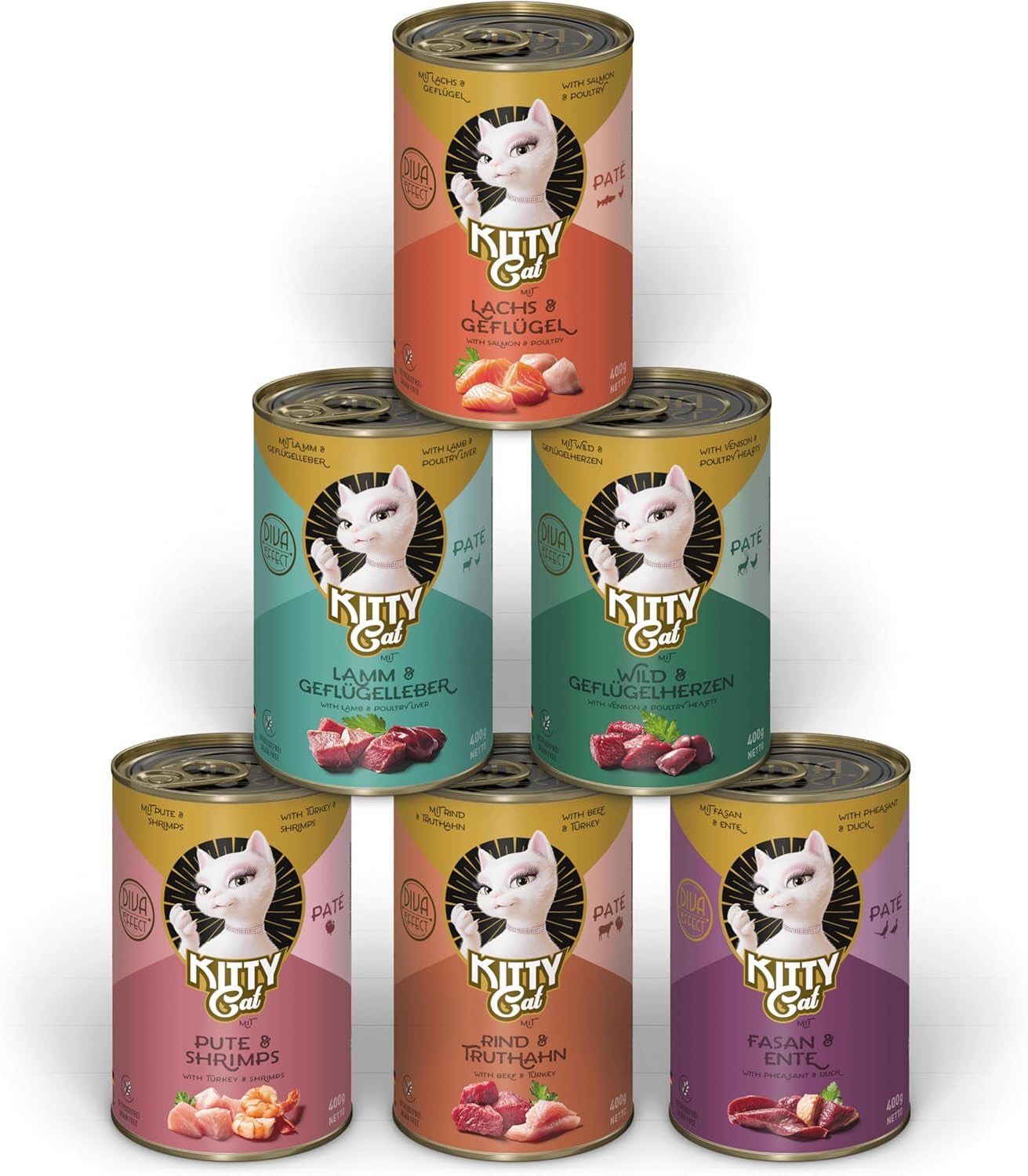 KITTY Cat Paté Mix 2, 6 x 400 g, nat kattenvoer in een proefverpakking, graanvrij voer met taurine, zalmolie en groenlipmosselen, compleetvoer met hoog vleesaandeel, gemaakt in Duitsland