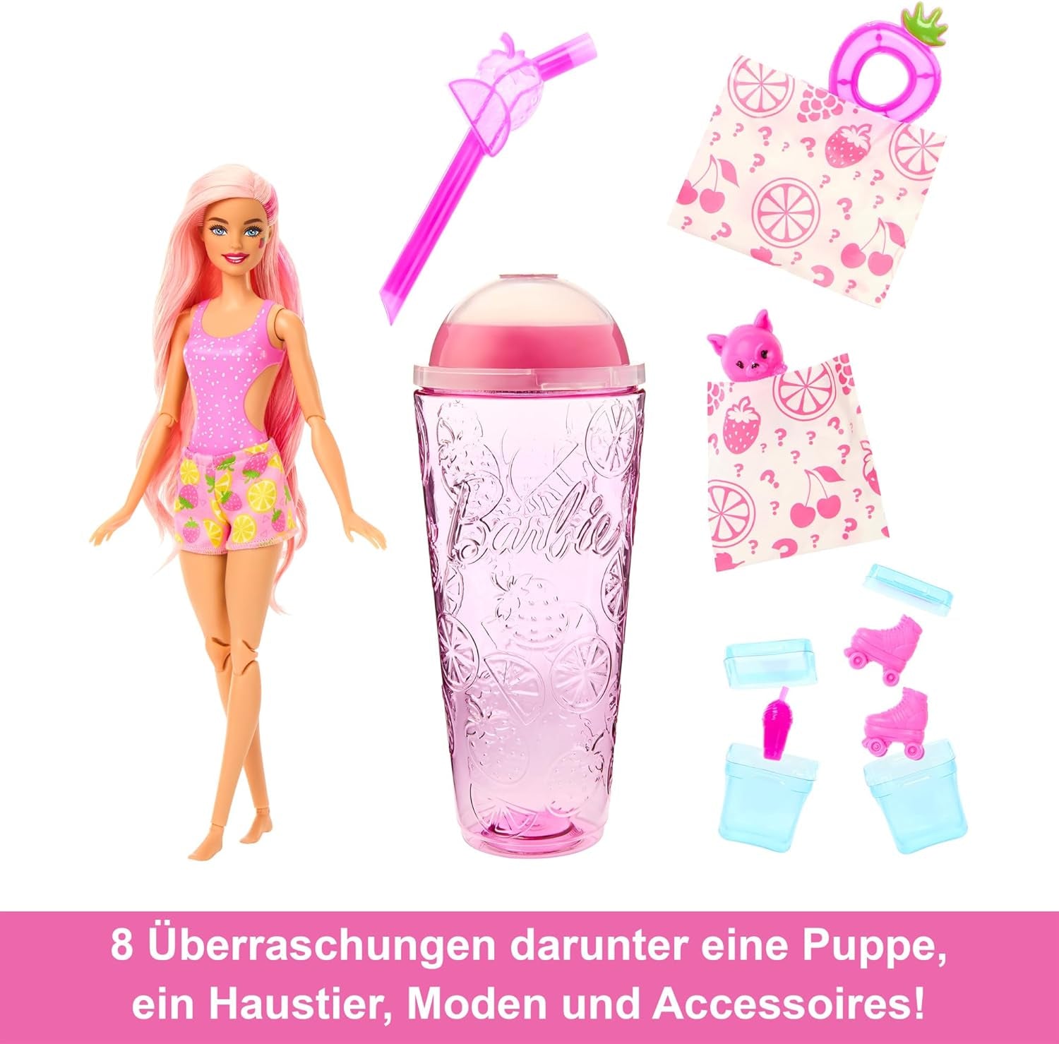 Barbie Pop Reveal Fruit - Verrassingspoppen met 8 fruitige verrassingen, waaronder een positioneerbare pop met de geur van aardbeienlimonade en een donzige puppy, vanaf 3 jaar, HNW41