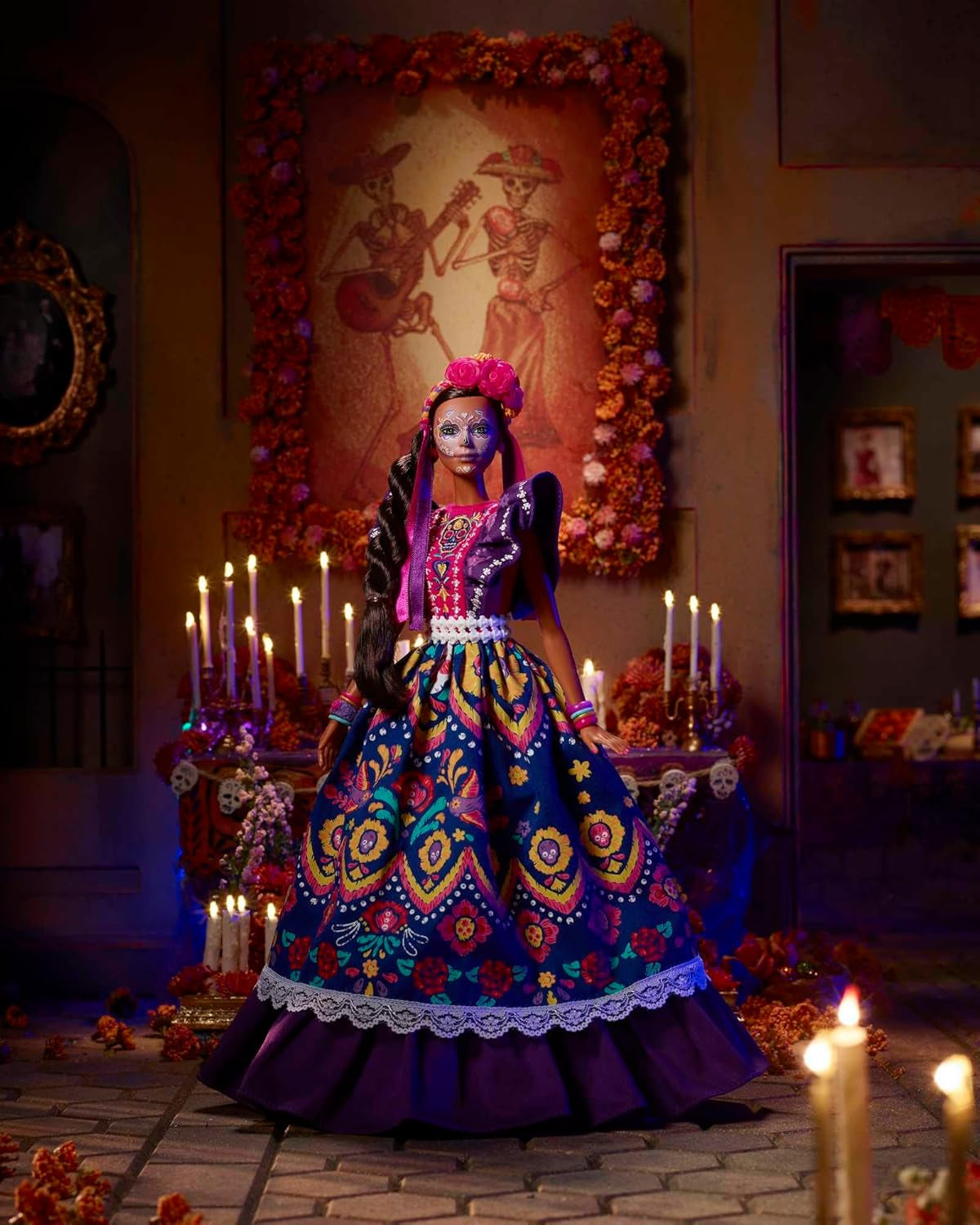 2022 Día De Muertos Barbiepop met gegolfde traditionele jurk, bloemenkrans en Calavera-gezichtsverf, cadeau voor verzamelaars