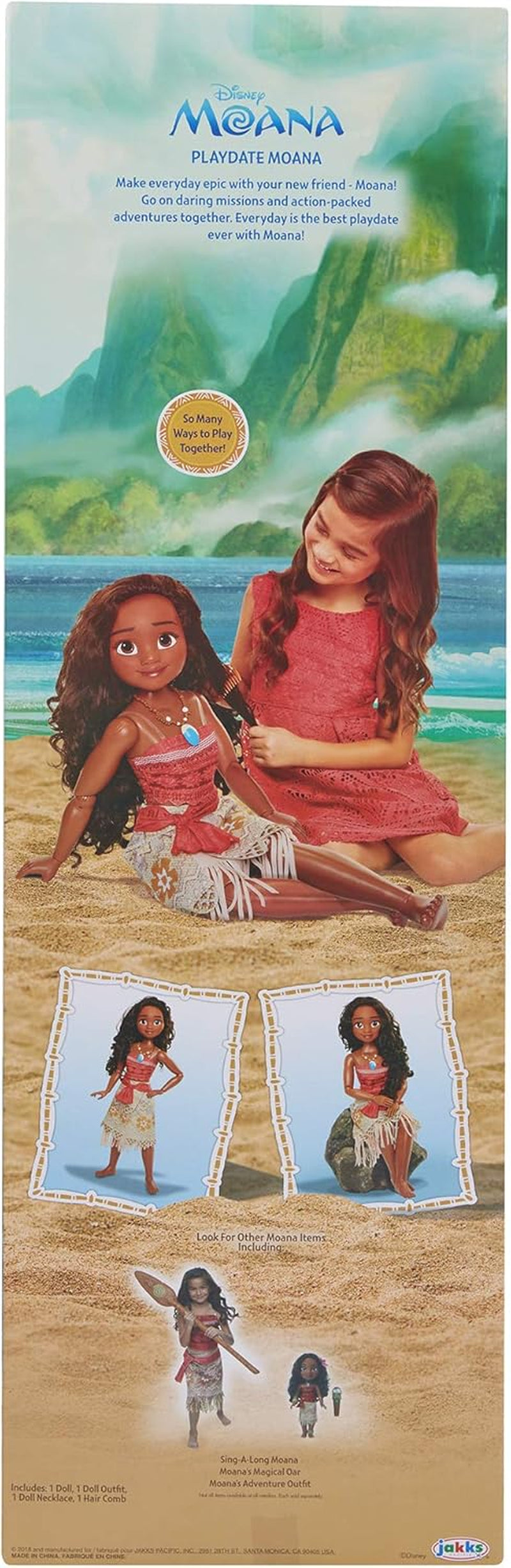 Disney Princess Vaiana, 80 cm grote speelpop van Jakks Pacific, bewegliche pop, met Bürste zum Kämmen ihrer welligen Locken, vom Film geïnspireerde Kleed, abnehmbare Halskette met Anhänger
