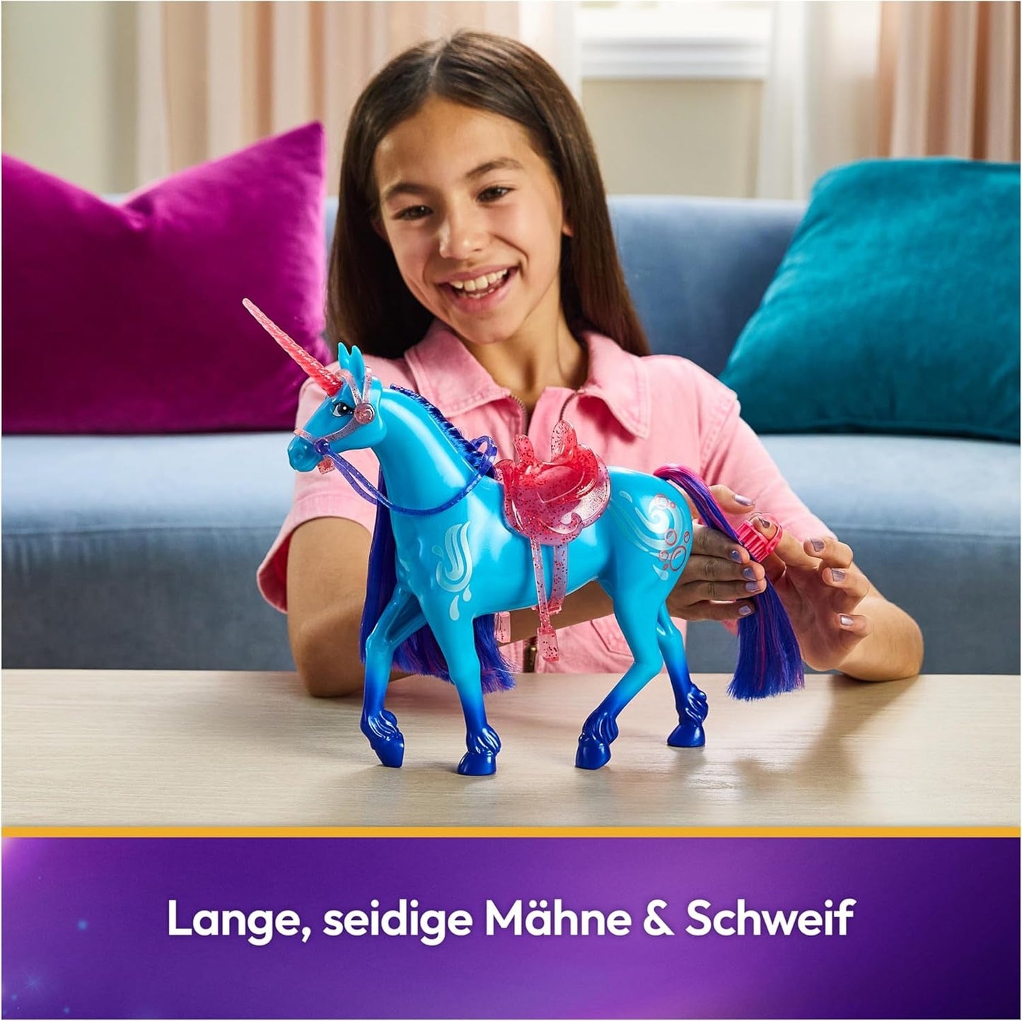 Unicorn River Unicorn Academy - 28cm hoge, originele Isabel eenhoorn uit de Netflix serie, met echte manen en staart, afneembaar hoofdstel en zadel en borstel, voor kinderen vanaf 4 jaar