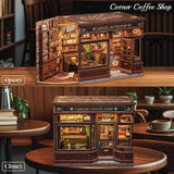 CUTEBEE Boekenhoekset - DIY-poppenhuizen, LED-verlichte miniatuurhuisbouwset voor volwassenen, 3D houten puzzel en boekenstandaard - Boekenplankdecoratie en cadeau (hoekcafé)