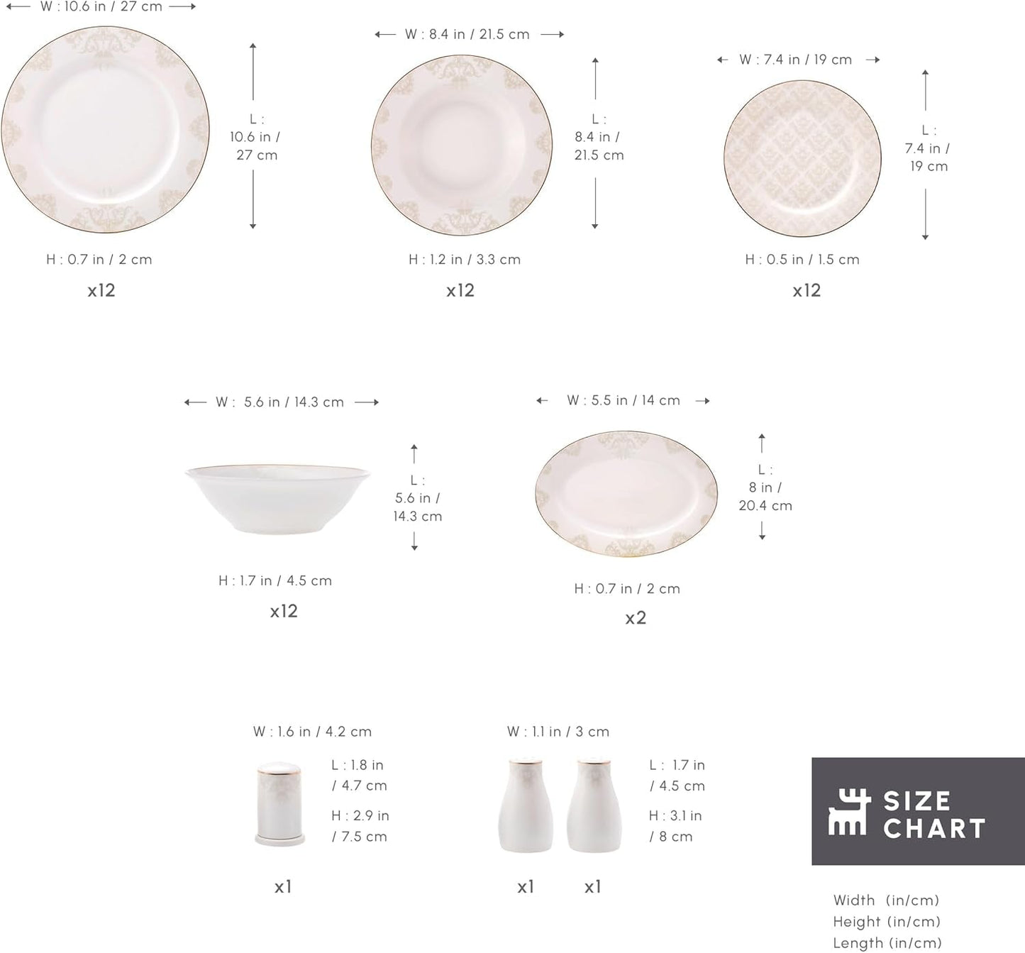 Karaca Elegance Bone Siena Serviesset voor 12 personen, moderne porseleinen serviesset, serviesset met soepkommen, serveerschaal, diepe borden, dessertborden - wit en goud