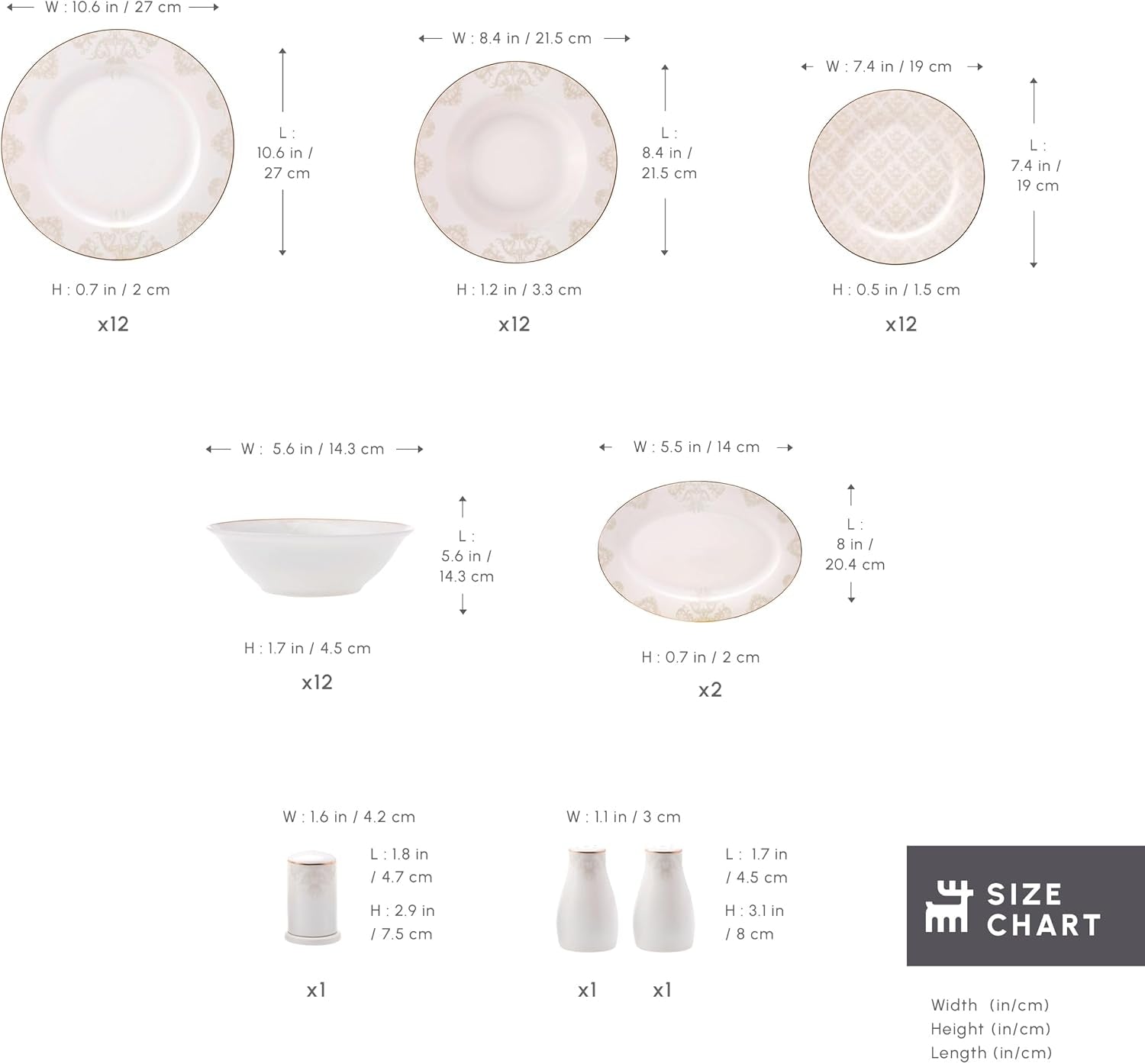 Karaca Elegance Bone Siena Serviesset voor 12 personen, moderne porseleinen serviesset, serviesset met soepkommen, serveerschaal, diepe borden, dessertborden - wit en goud