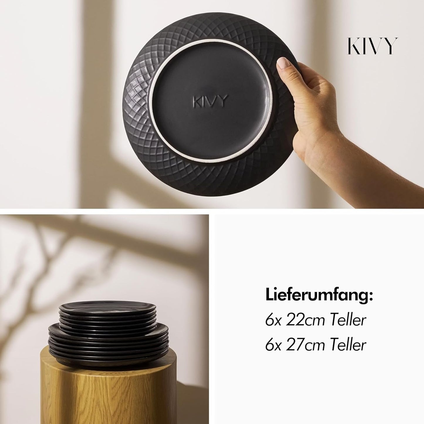 KIVY Geschirrset 6 Personen[Kratz & Spülmaschinenfest] 6x27cm + 6x22cm - Tellerset 12-teilig modern - Geschirrset - Kombiservice - Geschirrset - Tellerset Schwarz - Teller Schwarz Matt