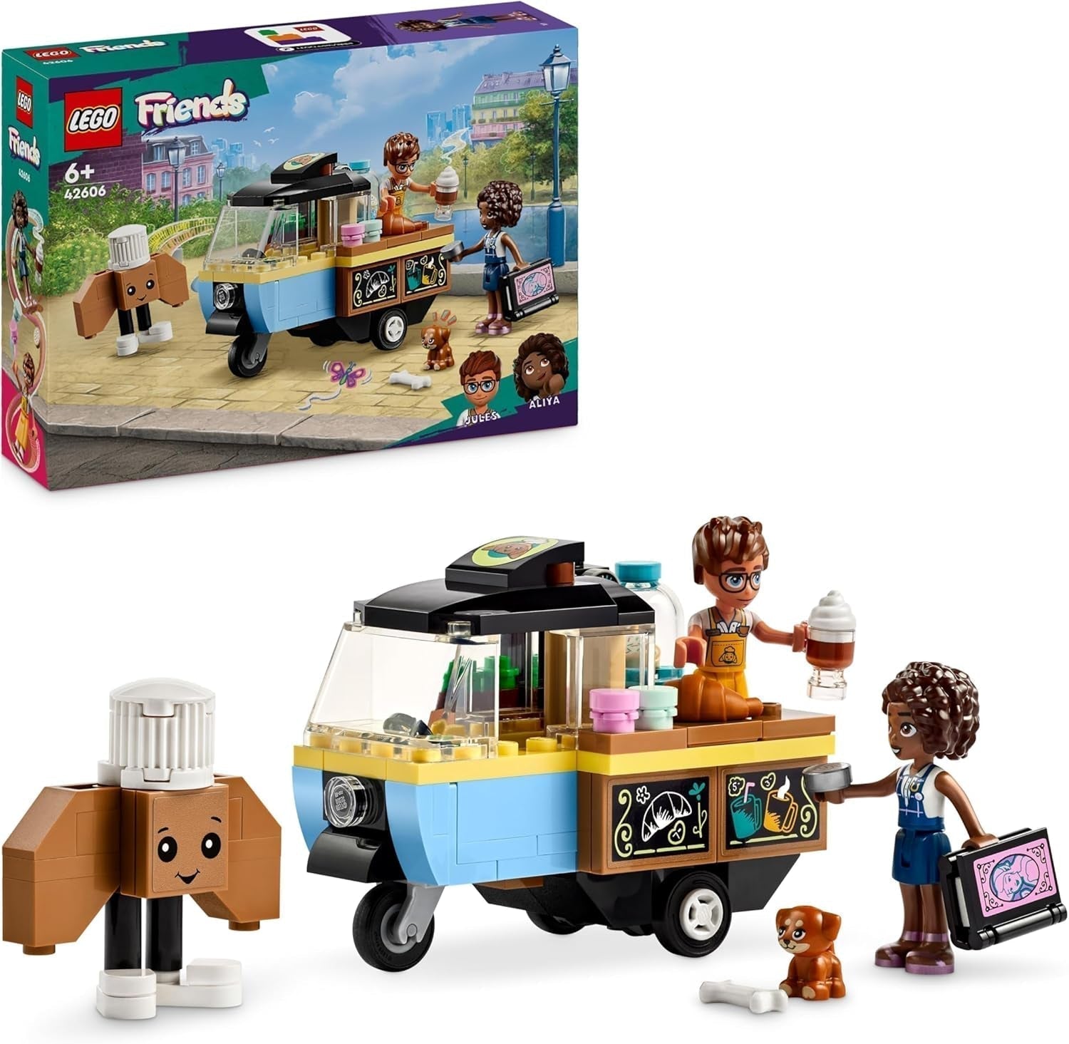 LEGO Friends Rolling Café Klein bakspeelgoed voor kinderen, cadeau voor meisjes en jongens vanaf 6 jaar, educatief speelgoed met Aliya, Jules en Aira de hond 42606 Bouwsets Besuche den LEGO-Store Single