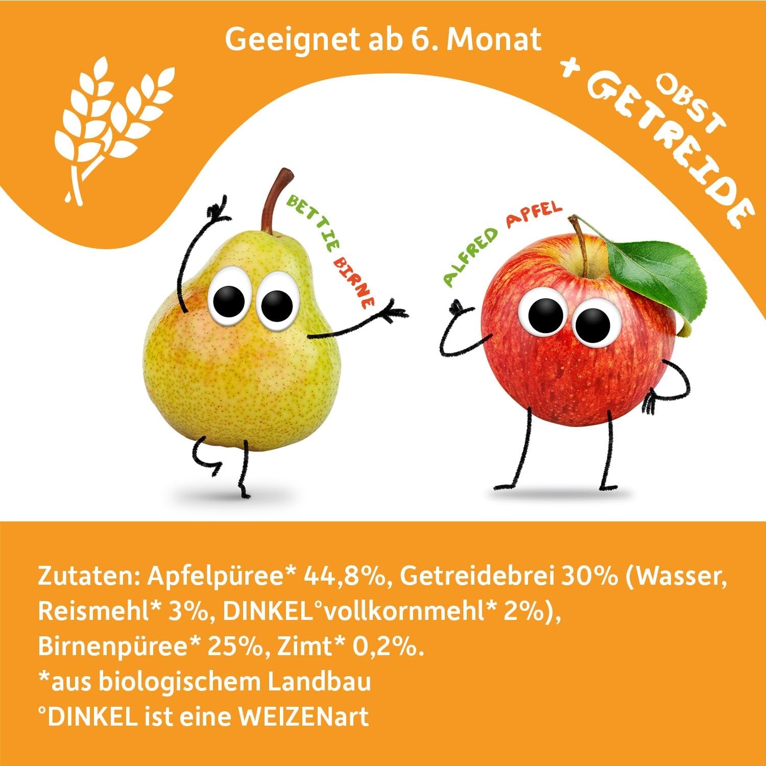 FRECHE FREUNDE Biologisch uitknijpbaar fruitzakje Appel Kaneel Peer Rijst Speltfruitpuree met granen voor baby's vanaf 6 maanden + Veganistisch 6-pack (6 x 100 g)