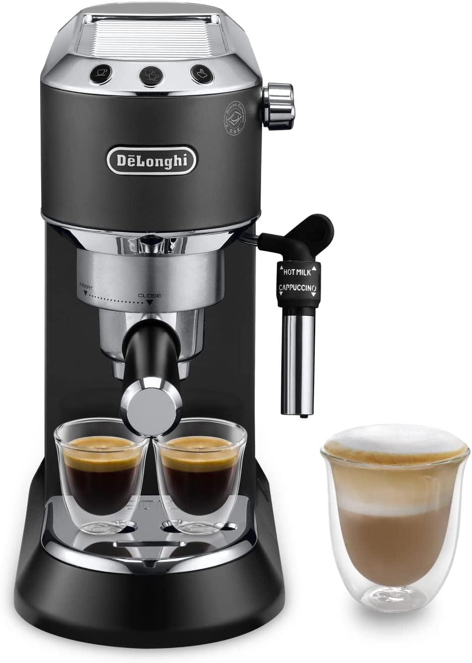 De'Longhi Dedica Style EC 685.B - Espressomachine met portafilter, espressomachine met professionele melkopschuimer, slechts 15 cm breed, voor gemalen koffie of ESE-capsules, 1 l watertank, zwart