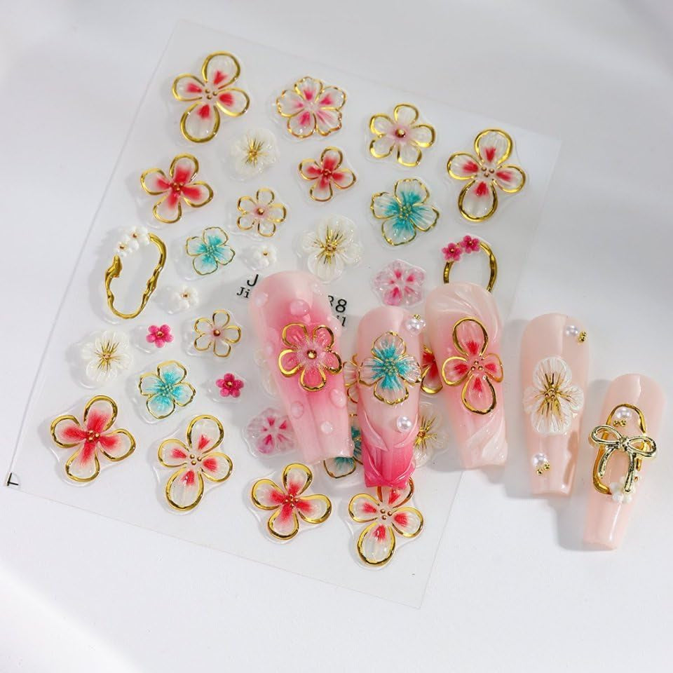 JMEOWIO 3D Nagelsticker Kleurrijke Bloem Nail Art Sticker Selbstklebend Nagelaufkleber 5D Stereoskopisch Lente Zomer Bloemendecoratie Nageldesign Zubehör 4 Blatt