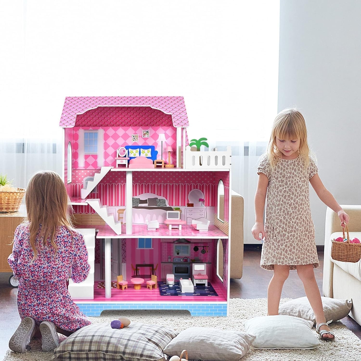 HENGMEI Puppenhaus Kinder Holz Puppenvilla poppenhuisset Mädchen Spielset 3 Etagen Haus mit Möbeln und Zubehör, 70x30x100cm Puppenhäuser für Kinder (Typ B)