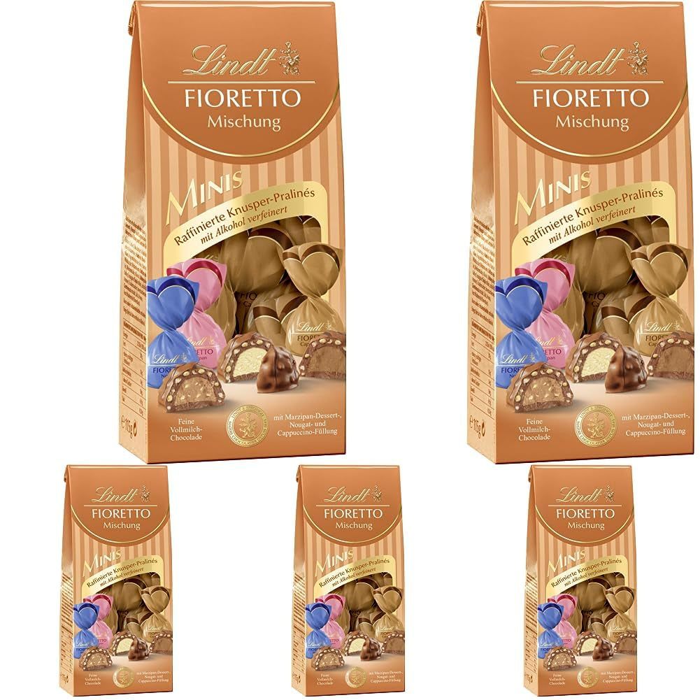 Chocolade - Assortiment FIORETTO Mini's | 115 gram | Ongeveer. 10 melkchocoladepralines in de smaken marsepein, cappuccino en nougat, bevat alcohol | Chocolade cadeauset | Chocolade cadeauset (pak van 5)