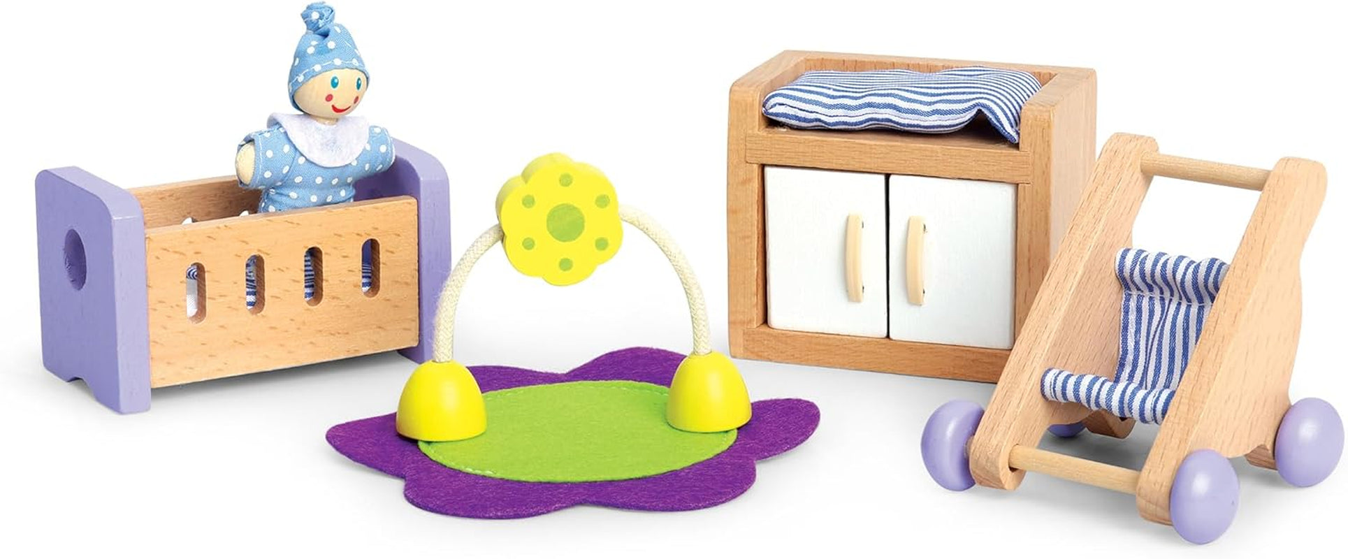 Hape Babykamer - Houten poppenkamerset, babypopmeubilair, poppenhuisaccessoires voor peuters, miniatuur babykamer met schommel en accessoires, rollenspel van 3 jaar oud