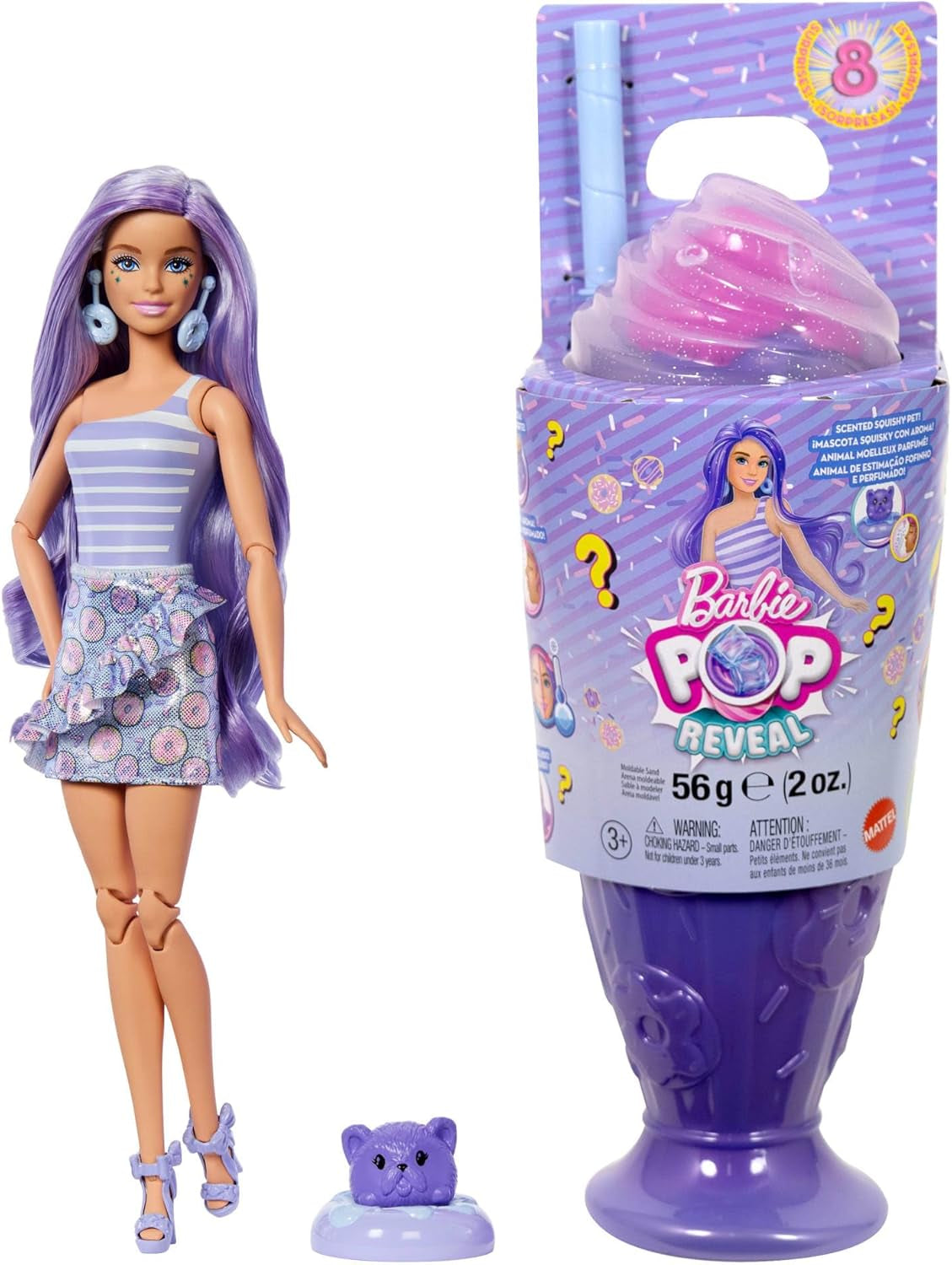 Barbie Pop Reveal Series-set met modepop en accessoires, Candy-serie, Donut Dreams-ontwerp met huisdier, 8 verrassingen inclusief kleurverandering, JFY60