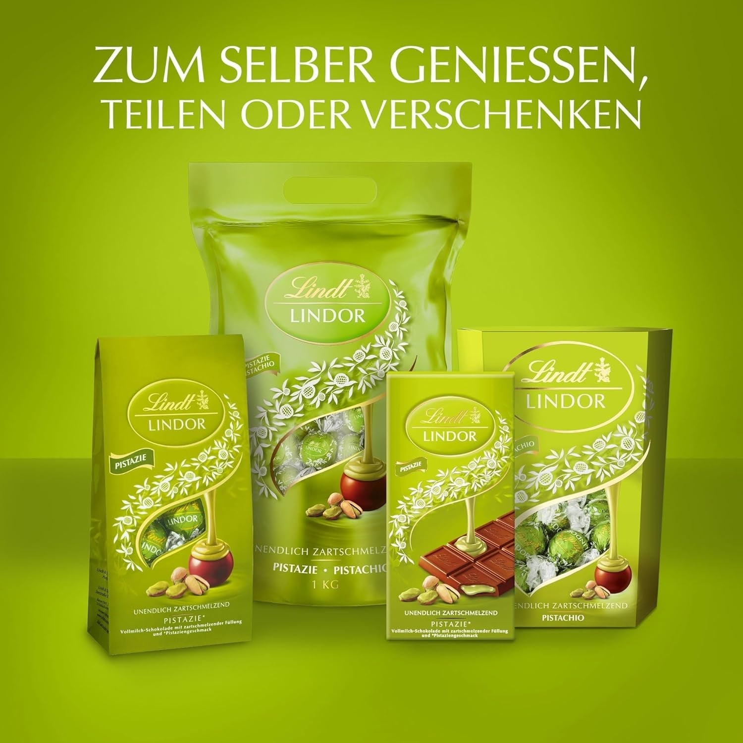 Lindt LINDOR Chocolade met Pistache | Hersluitbare zak van 1 kg | ca. 80 Melkchocoladeballetjes met smeltende pistacheroomvulling | Bulkverpakking, pralinegeschenk