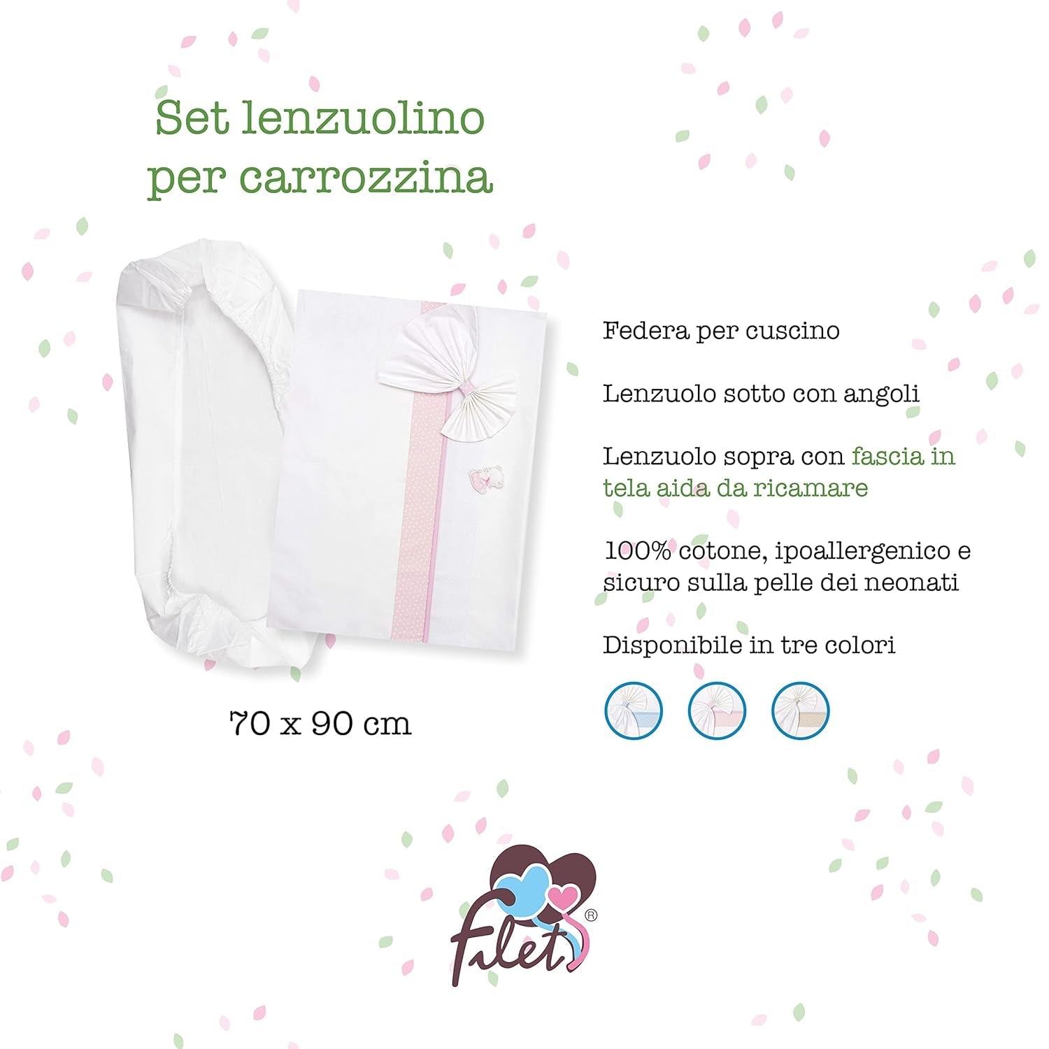 Wit en roze beddengoedset voor reiswieg, bestaande uit 1 hoeslaken, 1 bovenlaken met Aida-lint voor borduursel en 1 kussensloop, 100% katoen, Made in Italy Quilts en quilts Naty Shop