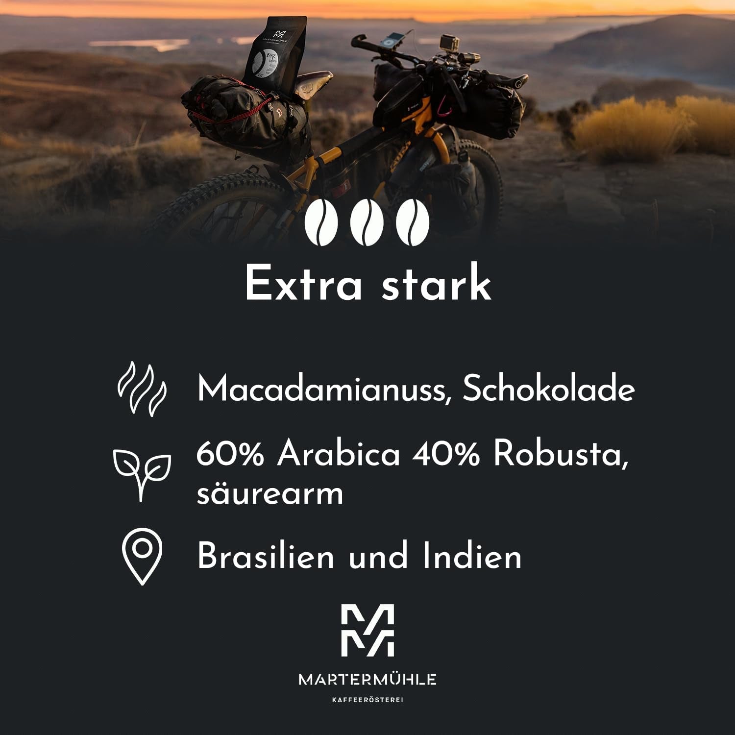 Espressobonen Martermühle Bike 500g Sterk | Arabica/Robusta | Smaken: Macadamianoten, melkchocolade | Licht gebrande hele espressobonen, lage zuurgraad