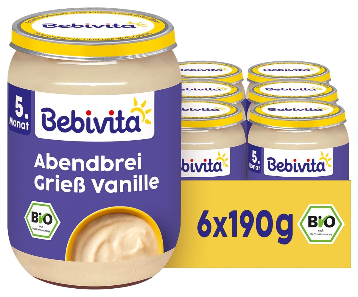 Avondpap met biologisch griesmeel en vanille (6 x 190g), vanaf 5 maanden, zonder toegevoegde suiker, zeer vullend, 100% biologische kwaliteit
