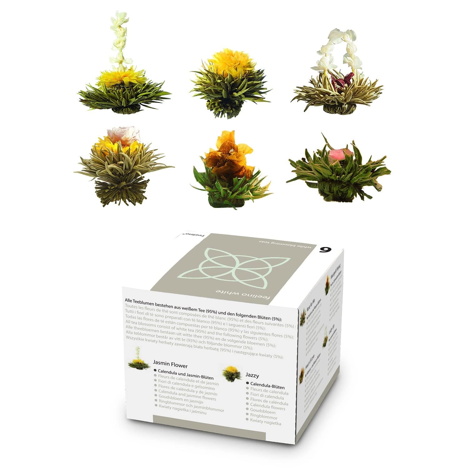 Feelino Elegant 6-delige mixdoos - Feelino witte theebloemen in een prachtige proef- en geschenkdoos met 6 verschillende witte theeroosjes, individueel vacuüm verpakt, 1 stuksverpakking