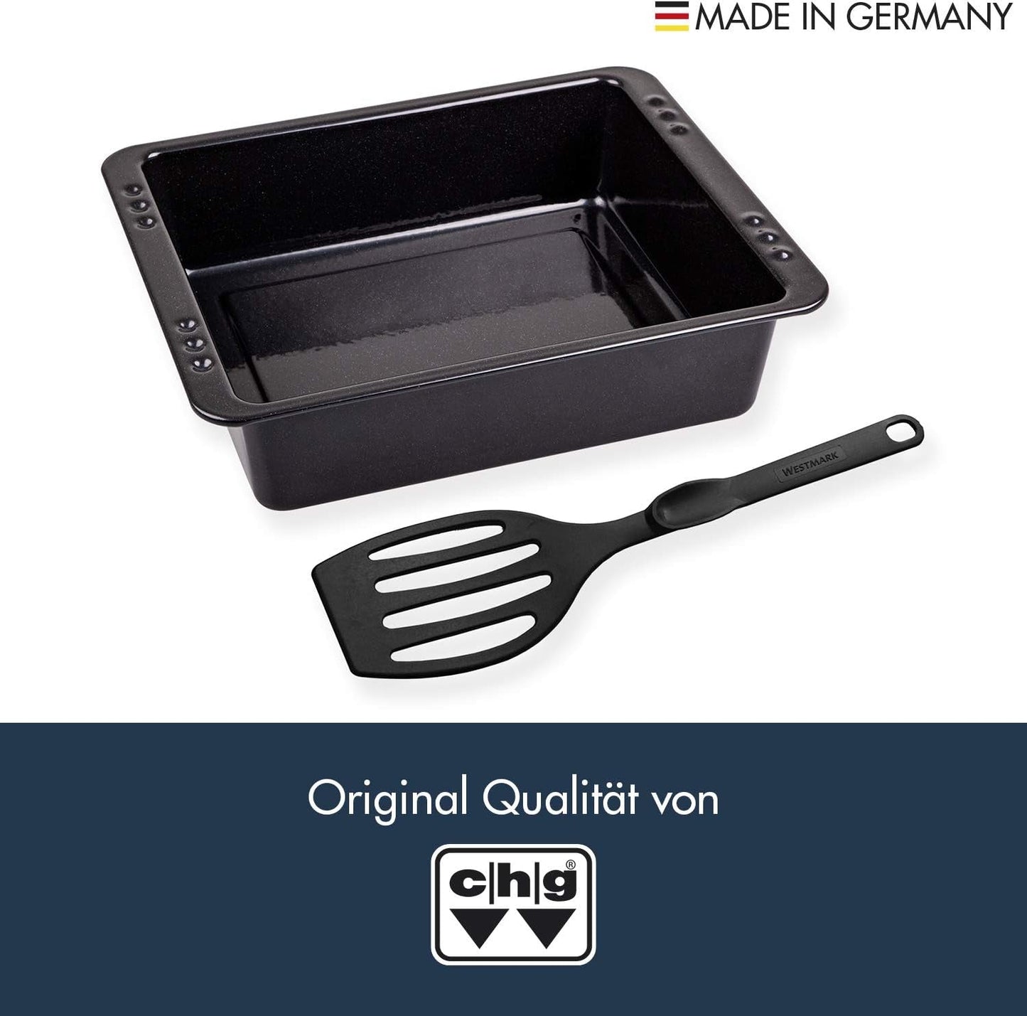 Chg SET 341-46-60 Extra Tiefe Ofenform (7,0 Cm) "Emaille" Mit Profi-Pfannenwender", Schwarz Gesprenkelt Vormen en bakplaten Naty Shop