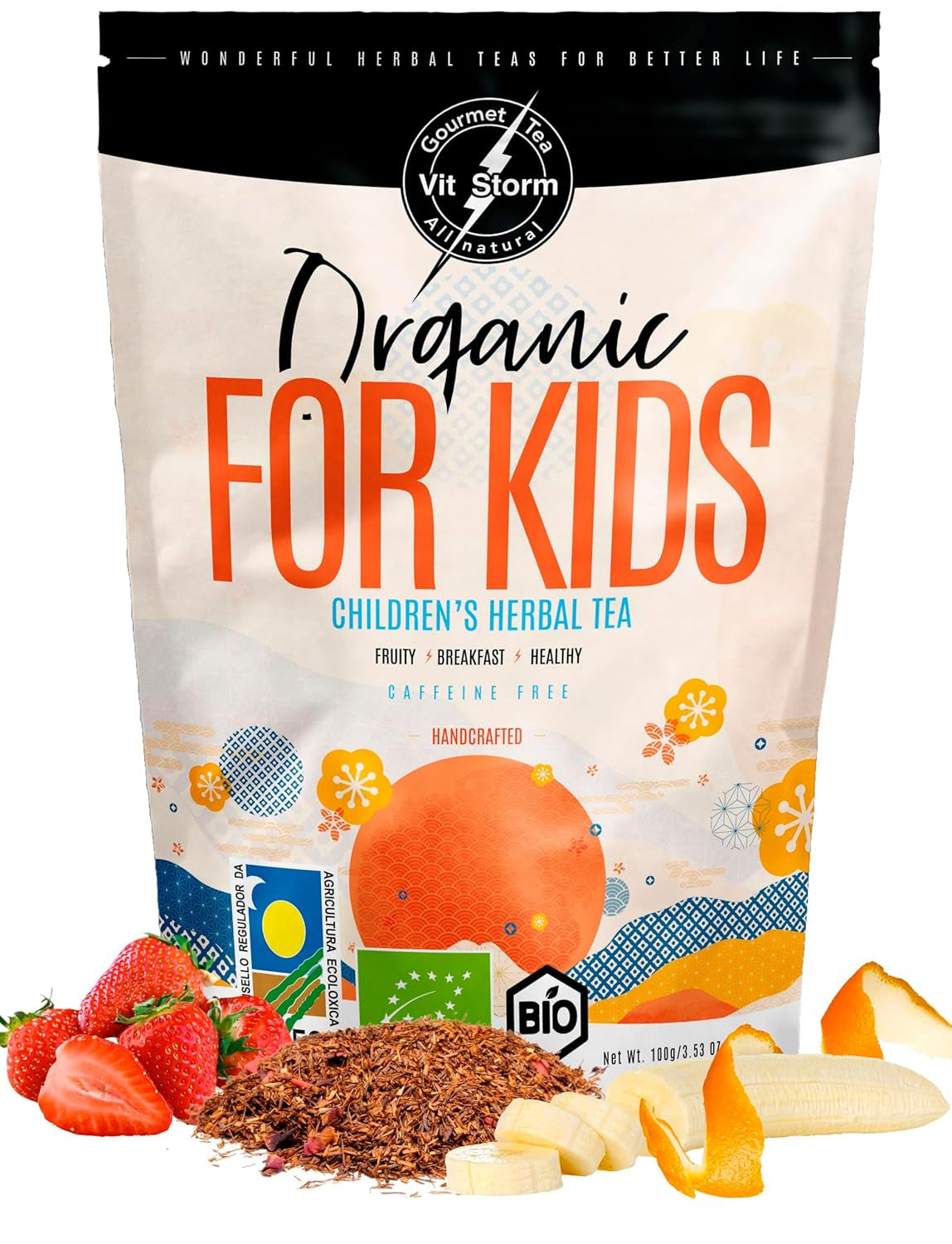 VITSTORM® BIO TEE Mom & Kids - Thee voor vrouwen en borstvoeding - Rooibos, appel, venkel, citroenmelisse, alchemilla, aardbei - Ontspannende thee - Fruitig en lekker - Cafeïnevrij - Kruidenthee 100 g