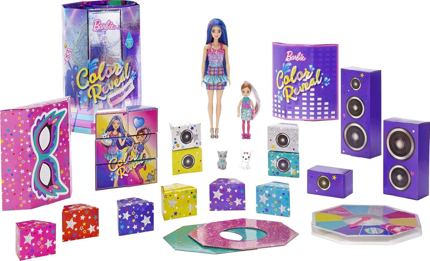 Barbie GXJ88 - Color Reveal Surprise Party, +50 verrassingen: 1 pop, 1 Chelsea pop, 2 dieren, 6 kleurveranderingen, accessoires en meer, dansfeestset, speelgoedcadeau voor kinderen vanaf 3 jaar