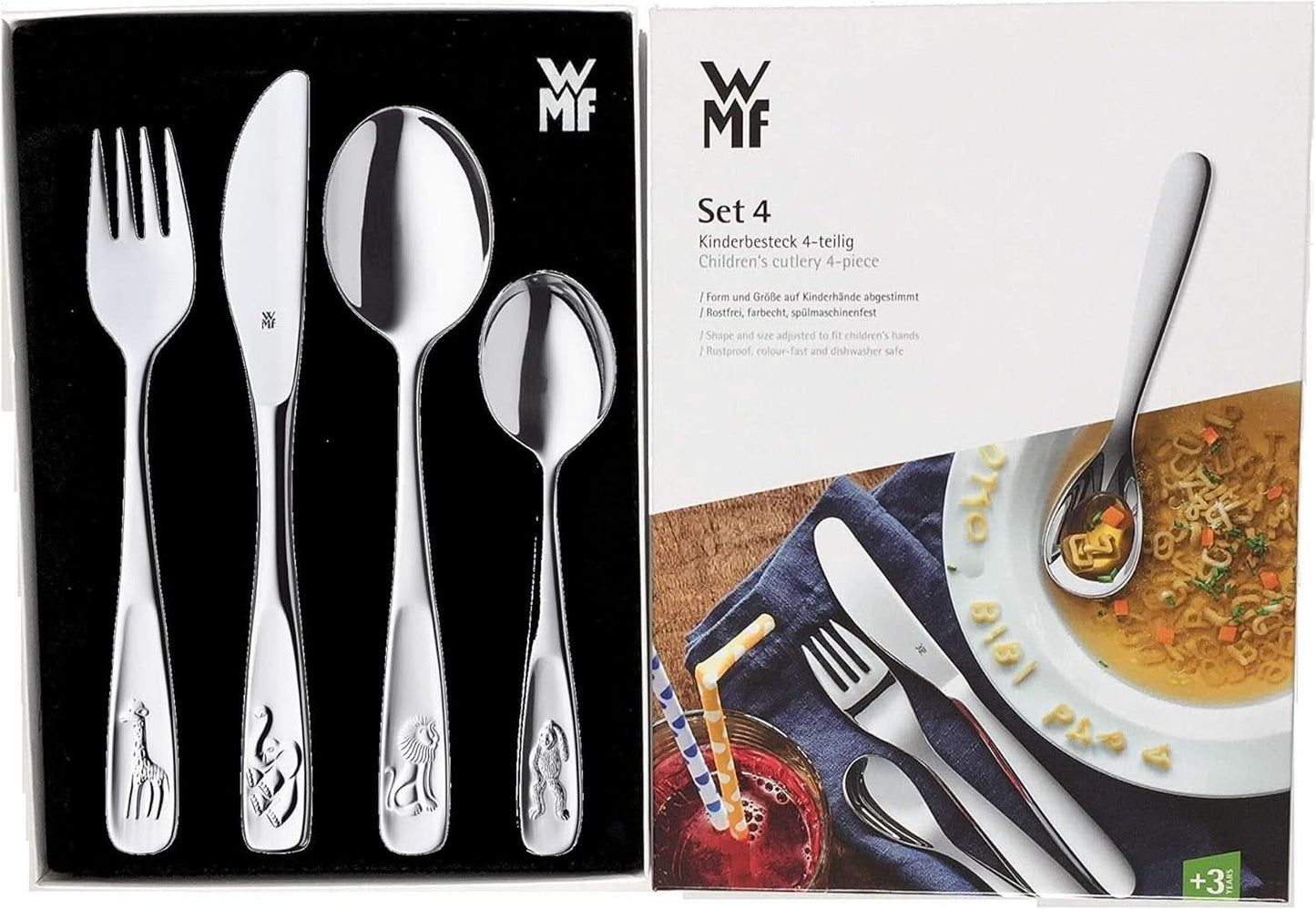 WMF Animals roestvrijstalen bestekset voor kinderen, 4-delig, gepolijst Cromargan Kitchen Naty Shop