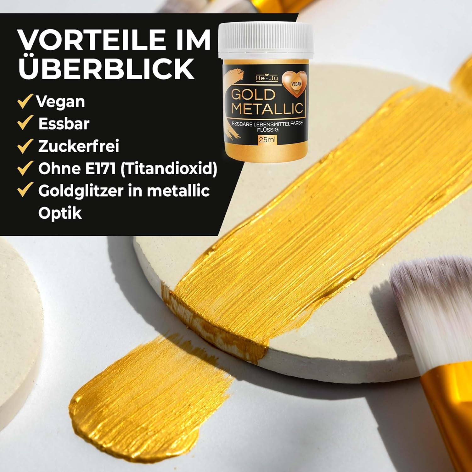 He-Ju Metallic Gold vloeibare kleurstof voor levensmiddelen 25 ml, eetbare glitter voor drankjes en eten (metallic goud, 25 ml)