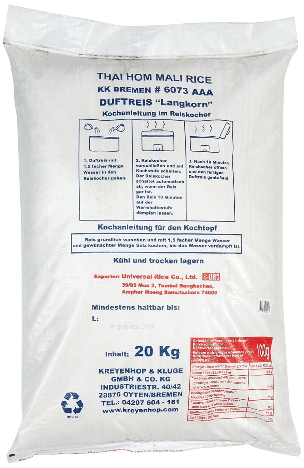 Aroy-D geurrijst, 100% langkorrelige rijst, 1 pakje (1 x 20 kg)