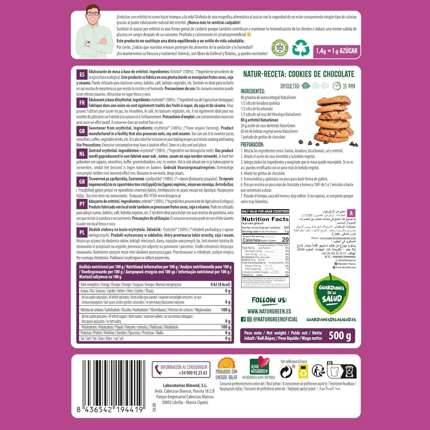 Bio Erythritol, Natuurlijke Zoetstof, Biologisch, Lage glycemische index, 500 gram Zoetstoffen Naty Shop