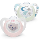 NUK Star Night & Day Babyfopspeen 0-6 maanden Glow in the Dark BPA-vrij siliconen roze kat 2 stuks