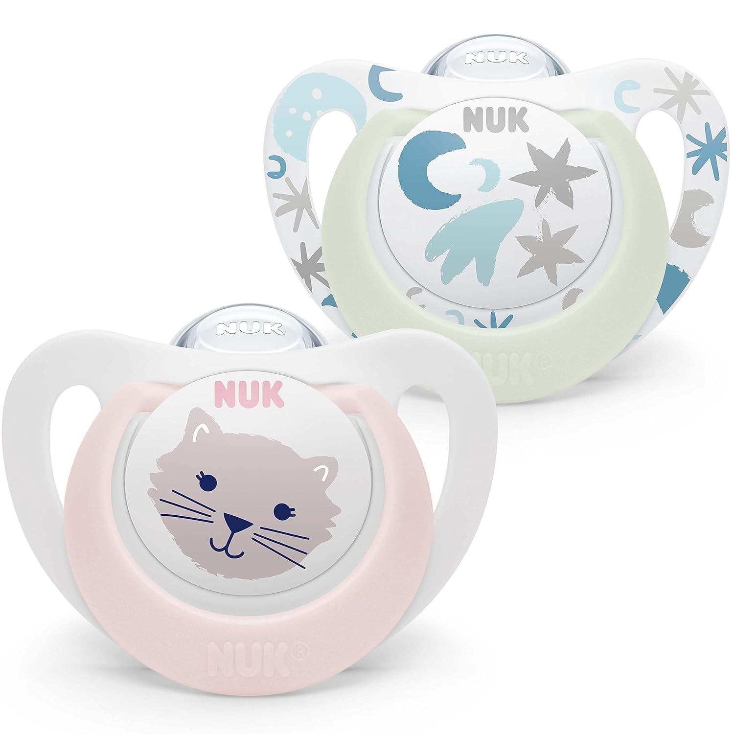 NUK Star Night & Day Babyfopspeen 0-6 maanden Glow in the Dark BPA-vrij siliconen roze kat 2 stuks