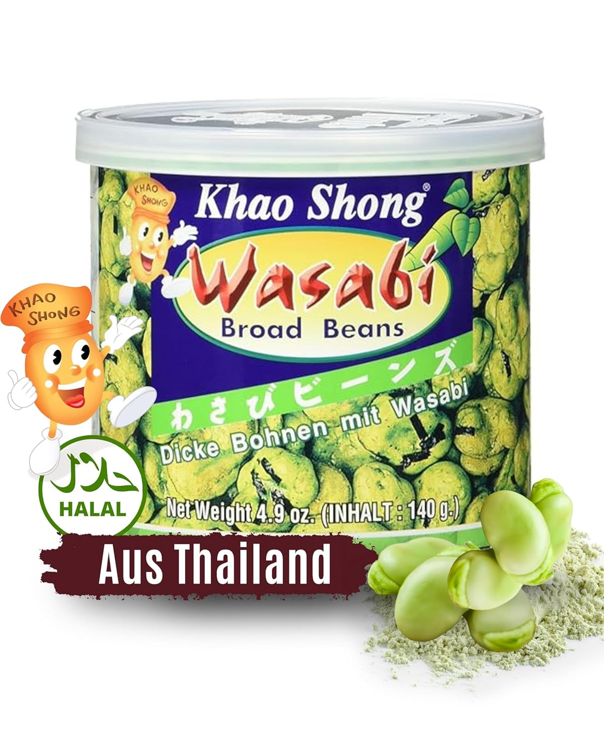 Khao Shong Gebakken groene erwten met wasabi, knapperige erwten in een pittig beslag, een vetarm alternatief voor noten, medium pikant, 1 blik van 140 g | 140 g (1 pakje)