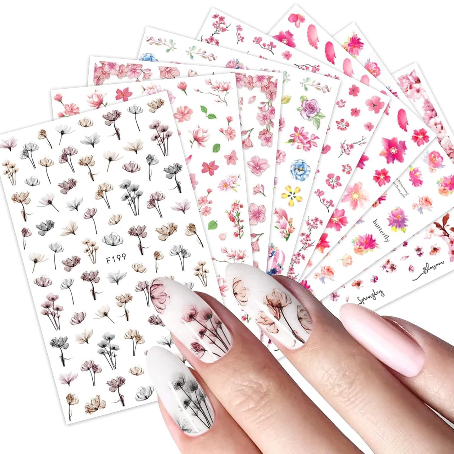 JMEOWIO Nagelsticker Frühling Blume 9 Blatt Nagelaufkleber Selbstklebend Rosa Blüte Nail Art Sticker Decoratie Nageldesign Zubehör