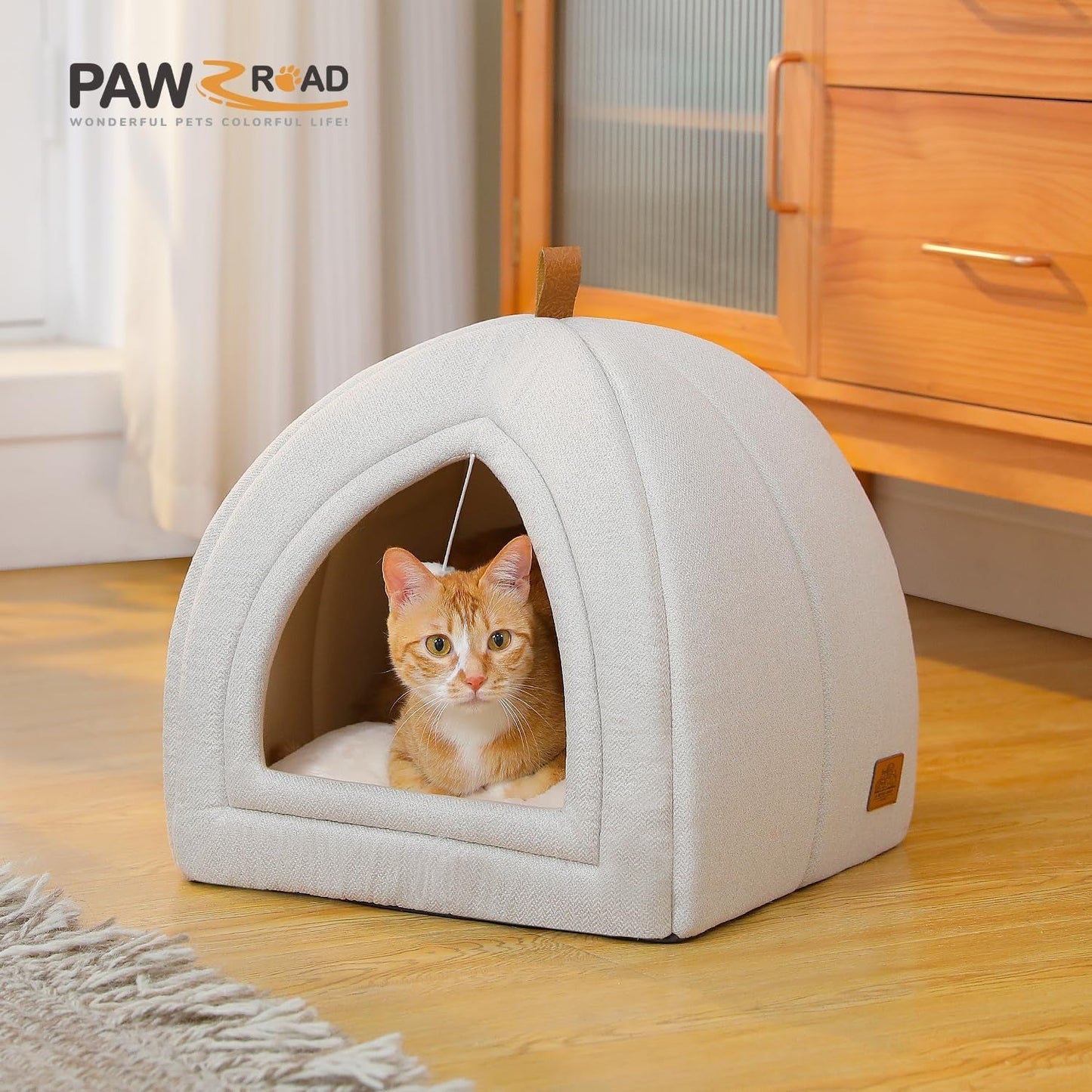 PAWZ Road Katzenhöhle mit waschbaren Kissen, Hundebett kleine Hunde, Kleintierhaus, Katzenschlafplatz-Bettchen, Katzenhaus Binnen, Beige, 40x40x40cm