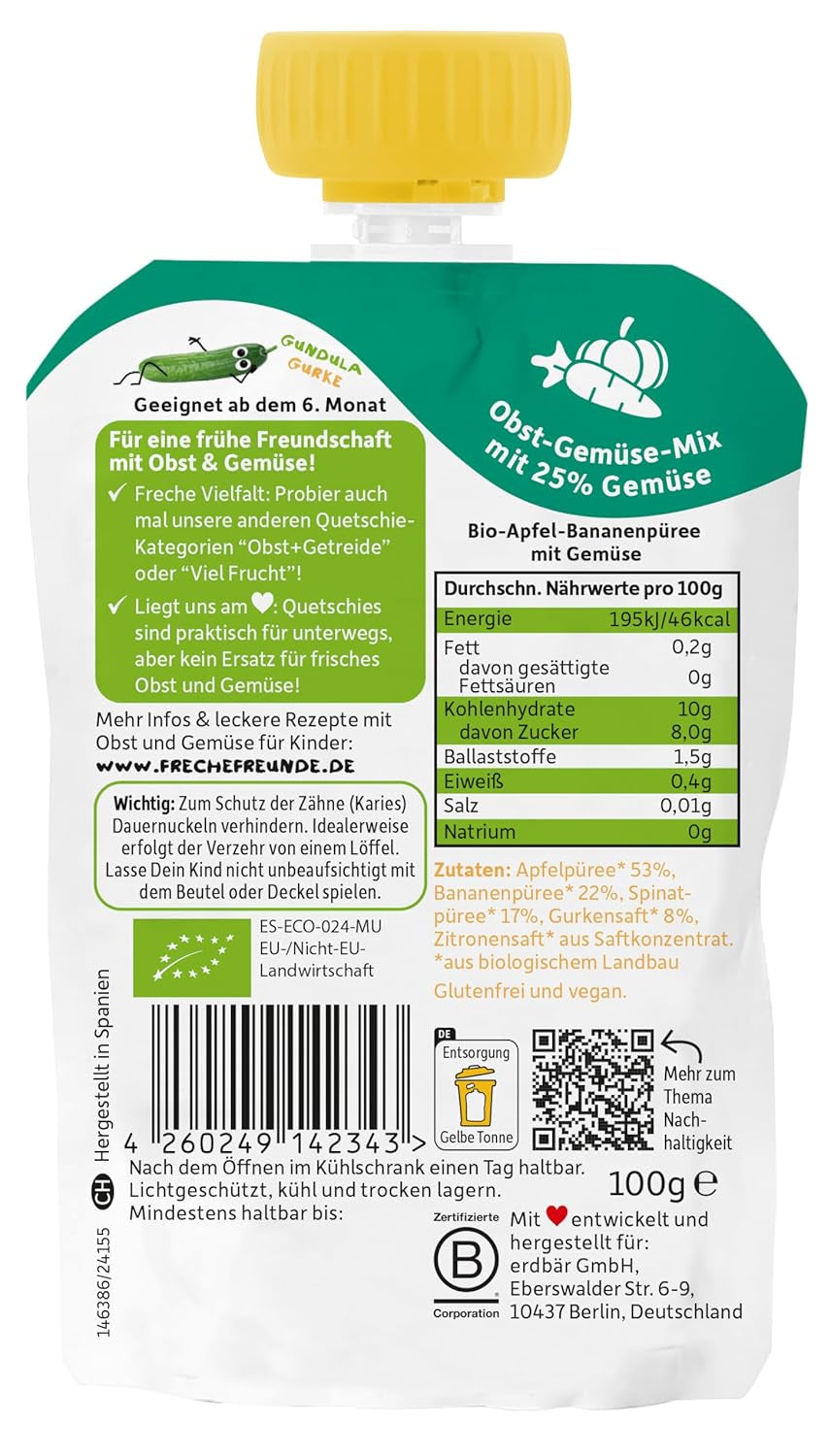 FRECHE FREUNDE Biologisch knijpbaar fruitzakje met appels, bananen, spinazie en komkommer, gepureerd fruit en groenten in een knijpzakje voor baby's vanaf 6 maanden, veganistisch, 6 stuks (6 x 100 g)